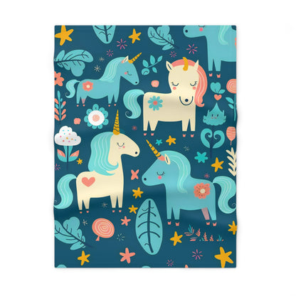 Unicorn friends by Brandon Mclain, Blanket on Blue Background Ultra Soft Microfiber Fleece (c)BrandonMclain2024