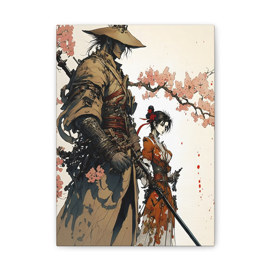 Samurai Ronin and Woman Warrior Art Print - Cherry Blossom Serenity The perfect gift for gamers and art collectors